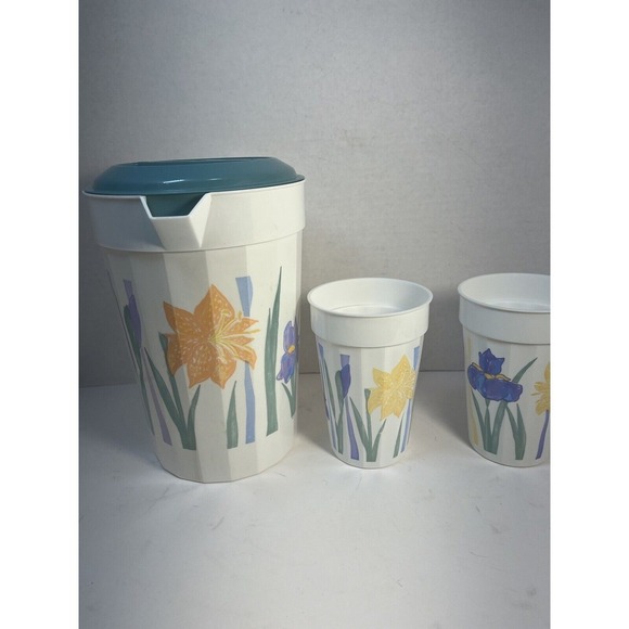 PackerWare Vintage 2 QT‎ Floral Pitcher Made in USA 2 Water Cups - Picture 3 of 9